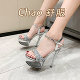 kamames kamames Summer Sequins With Ultra High Heel Transparent Bottom Crystal Thick Heel Women's Single Shoes Sandals Wedding Bridesmaid Moon Shoes