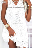 kamames Tank Mini Dress Women Sleeveless Hollow Out Dress Female Casual Loose Summer Dress Ladies Fashion V Neck Lace Up Dress