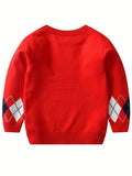 Cozy Boys' Argyle Plaid Sweater Pullover - Soft Round Neck Long Sleeve Stretch Warm Knit Top for Kids Outdoor Play - Classic Style Winter Clothing for Boys