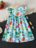 Girls Adorable Dino Graphic Flutter Sleeve Dress - Perfect for Summer Parties & Outdoor Fun - A Delightful Gift Option