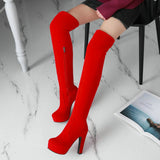 kamames Women Winter Plush Boots Flock Square High Heel Over The Knee Boots Platform Zipper Boots Autumn Winter Fashion Ladies Shoes