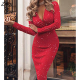 kamames New Year Red Christmas Party Dress Women V Neck Glitter Ruched Long Sleeve Ball Gowns Elegant Sequins Skinny Sexy Robes