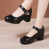 kamames Cheongsam Catwalk High Heels Waterproof Platform Large Round Head Thick Heel Black Professional Single Shoes Working Shoes