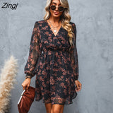 kamames PETAL Black Floral Chiffon A-Line Mini Dress Woman Sexy V-neck Long Sleeve Party Dress 2023 Spring Autumn Female Sundress