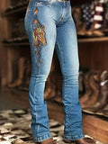 Customized Flare Leg Denim Jeans for Women - Stretchy, Embroidered, Geometric Pattern, Comfortable, Casual Style, All-Season Wear with Medium Stretch Fabric and Woven Weaving Method