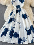 kamames Blue Floral Midi Dress For Women Elegant Square Collar Spaghetti Strap Robe Female High Waist Big Swing Vestidos 2023