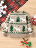 Boys' Christmas Sweater, Long Sleeve Knit Pullover, Casual Round Neck, Regular Fit, Stretchy Fabric, Holiday Tree & Reindeer Pattern, All Seasons, Regular Sleeves, Toddler Fashion