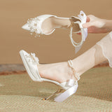 kamames kamames Flower Bow Pearl Chain Waterproof Platform Heel Heels Not Tired Wedding Shoes High Heels