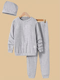 3-Piece Boys Spring/Autumn Outfit, Casual Knit Top With Cuffed Pants And Matching Hat Set, Crew Neck, Sporty Streetwear Outfit