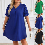 Zingj Independent Station Spring And Summer New V-Collar Short-Sleeved Solid Color Large-Size Dress
