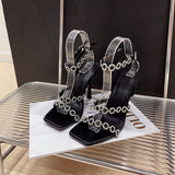 kamames kamames Roman Rhinestone Chain High Heel Square Head Super High Heels Banquet Shoes Walk Show Female Sandals