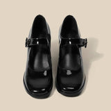 kamames New Mary Jane Shoes Female Retro English Style Hepburn Black High Heel One-Word Buckle Thick Heeled Square Head Single Shoe Woman