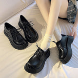 kamames Big-Headed Shoes Female Muffin Tie Round Head Thick-Soled Derby Shoes Doll Sen Small Black Leather Shoes Single Shoes