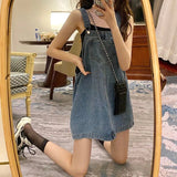 kamames Korean 2000s Fashion Denim Dresses for Large Women Plus Size Summer Casual Teen Strap Retro Jeans Loose Overall Dress Women