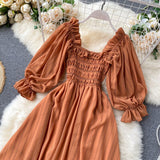 kamames Beach Chiffon Long Dress Elegant Solid Lantern Sleeve High Waist Women Maxi Dress Party Club Ladies Vestidos 2023 New