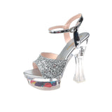 kamames kamames Summer Style With Flower Sequins With Ultra High Heel Transparent Bottom Crystal Thick Heel Women's Singles Shoes Sandal Wedding Bridesmaid Shoes