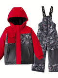 Toddler Boy's Skiing Suit 2pcs, Boy's Color Block Zip Up Hooded Jacket & Thermal Comfy Jumpsuit For Winter Vacation