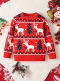 Boys' Christmas Sweater, Long Sleeve Knit Pullover, Casual Round Neck, Regular Fit, Stretchy Fabric, Holiday Tree & Reindeer Pattern, All Seasons, Regular Sleeves, Toddler Fashion