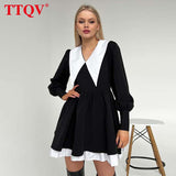 kamames Fashion Doll Collar Black Dresses For Women 2022 Casual Lantern Sleeve Office Mini Dress Ladies Elegant Patchwork Dress