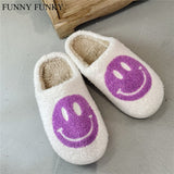 FUNNY FUNKY 2021 Winter Women's Shoes New Purple Happy Face Decor Fluffy Faux Fur Smiley Shoes for Women House Female Slippers