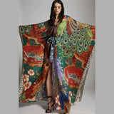 Zingj Autumn Bohemian Printed Belted Long Kimono Tunic Vintage Plus Size Clothes For Women Batwing Sleeve Maxi Dresses A997