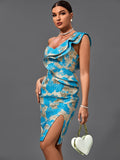 kamames Party Dress 2022 New Women's Blue Bodycon Dress Elegant Sexy Ruffle Evening Club Dress High Quality Summer Outfit