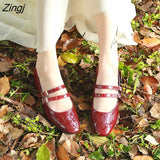 kamames Patent Leather Women Pumps Retro Thick High-heeled Female Pumps Square Heels Scalp Vintage Women Mary Jane Shoes