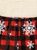 Boys' Festive Christmas Outfit Set - Cute Santa Print Long Sleeve Top & Red Plaid Snowflake Pants, Machine Washable, Perfect for Outdoor