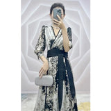 kamames Elegant Fashion Vintage Print Waist Lace Up Long Dress Women Sexy V-neck Temperament Dresses Casual Robe Vestidos Mujer