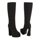 kamames Crocodile Leather Women Knee High Boots Fashion Platform Suqare High Heel Punk Boots Pointed Toe Motorcycle Boots Lady Shoe