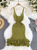 kamames Summer Hollow Out Sexy Dress American INS Strap Slim Fit Ruffles Bodycon Design Solid V-Neck Sleeveless Knitted Dress