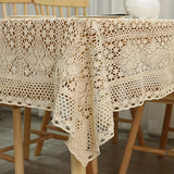 Vintage Crochet Tabletop Set - Elegant Pastoral Style Lace Tablecloth with Delicate Four Leaf Flowers, Ideal for Long Tables, Family Gatherings, and Special Occasions - Adds Rustic Charm to Any Dining Setting