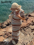 kamames Contrast Striped Knitted Maxi Dresses Female U-neck Short Sleeve High Waist Slim Vestidos Women Casual Beach Holiday Dress