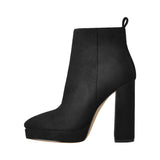 kamames Onlymaker Women Ankle Boots Pointed Toe Black Matte Flock12CM Chunky Heel Platform Booties Party Shoes Large Size Short Boots