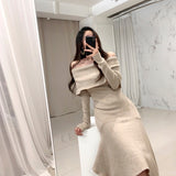 kamames Sexy Slash Neck Long Sleeve Ruffle Hem Long Sweater Dress Women Slim Waist Irregular Elastic Knitted Dresses Winter 2023