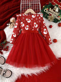 Girls' Winter Christmas Party Princess Dress With Mesh Hem & Lining, Holiday Fun Long Sleeve Christmas Dress With Ribbon Belt, Party Gift