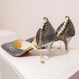 kamames Women Summer 2024 New Korean Version Of The Pearl One-Word Buckle Pointed Sexy Stiletto High-Heeled Shoes