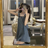 kamames Korean 2000s Fashion Denim Dresses for Large Women Plus Size Summer Casual Teen Strap Retro Jeans Loose Overall Dress Women