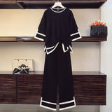 kamames Women's Knitted Two Piece Suits Color Contrast Loose Pullover Sweater Jumpers And Wide Leg Pants Plus Szie Outfits
