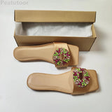 kamames ZARZ Women Slippers 2022 New Summer Flat Sandals Luxury Brand Beige Fashion Crystal Square-Toe Woman Beach Shoes Plus Size 41