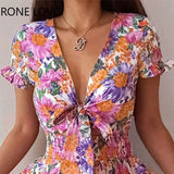 Zingj Women Chic Deep V Neck Short Sleeves Cascading Ruffles Hem Disty Floral Sexy A-line Sweet Party Dress