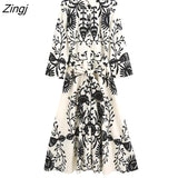 kamames Women Vintage Black Totem Print Bow Sashes Shirt Dress Female Chic Three Quarter Sleeve Casual Slim Midi Vestidos DS8640