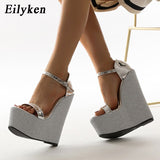 kamames 2023 New Fashion Silver Thick Bottom Platform Wedge Woman Sandals High Quality Patent Leather Ankle Buckle Strap Shoes