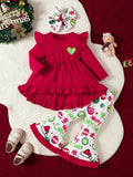 2pcs Toddler & Infant Girl's Creative Christmas Style Set: Flared Pants, Hairband, Ruffle Trim Long Sleeve Peplum Top for Outdoor, Spring/Fall Holiday & Daily Wear