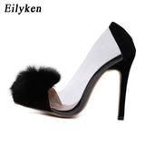 kamames 2023 New Sexy Feather Pointed Toe Women Pumps Sandals Fashion Slip On Black Ladies Thin High Heels Shoes Size 35-40
