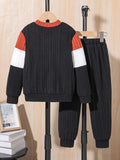 2pcs Boys Color Block Knit Long Sleeve Sweatshirt and Pants Sets - Soft, Stretchy, and Breathable Polyester Fabric - Machine Washable, Casual Wear for Spring and Fall Seasons