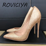 kamames Shallow pumps ladies 12cm high heels fashion pointed toe women's shoes party shoes Bling slip-on women pumps LF018 ROVICIYA