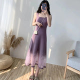 kamames Knitted Camis Dress Women Korean Fashion Slim Mesh A Line Long Dress Female Elegant Sleeveless Elastic Base Sundress New