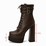 kamames Platform Women Punk Boots Square Toe Super High Heel Ankle Boots Lace Up Zipper Motorcycle Boots Autumn Winter Lady Shoes