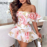 kamames Women Floral Print Off Shoulder Ruffle Hem Ruched Dress Ruffles Dress Mini Dress Women Summer Dress